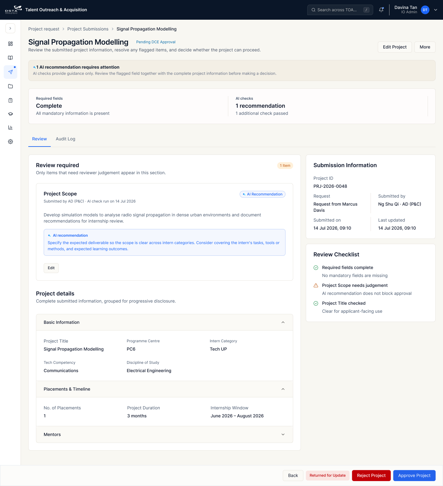 IO project review details before the prioritised review layout